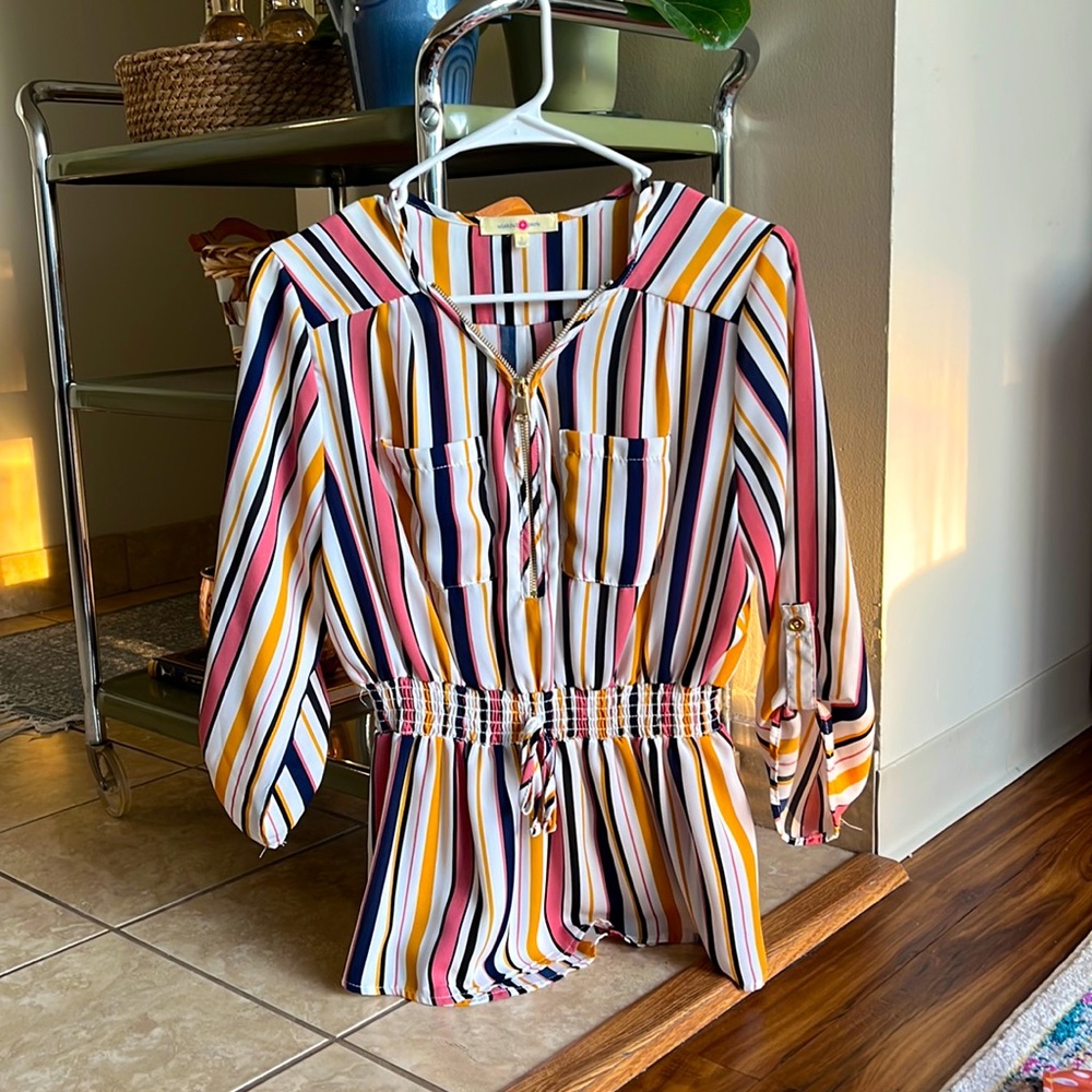 Striped Cinched Waist Blouse Size L